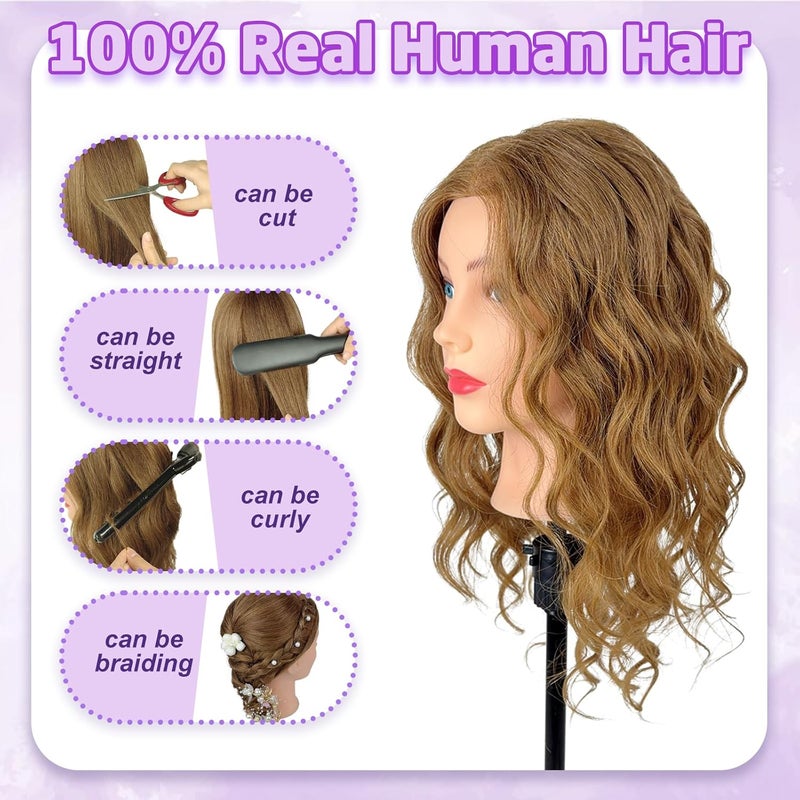 Firstwon 20-22" Mannequin Head with 100% Real Human Hair Cosmetology Manikin Doll Head for Styling Hairdresser Practice Head (Human Hair #27) - Image 2